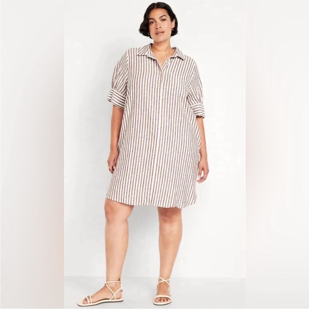 Old Navy Beige and White Striped puff sleeve dress